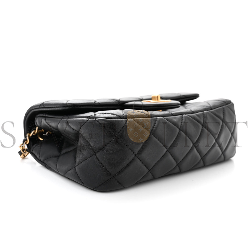 CHANEL LAMBSKIN QUILTED MINI RECTANGULAR PEARL CRUSH FLAP BLACK AS1787 (19*13*6cm)